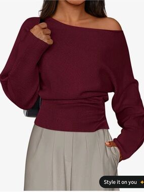 Amazon Essentials Off-the-Shoulder Ribbed Sweater in Wine